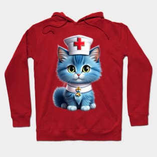 Whisker Wellness Wardrobe: Adorable Blue Kitten Nurse on Duty Hoodie
